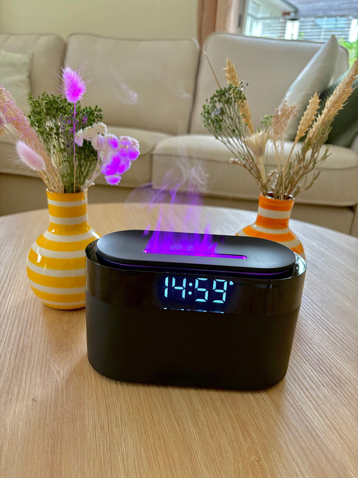 Réveil Diffuseur d'Huile Essentiels à Effet Flamme LED Design Noir & Blanc